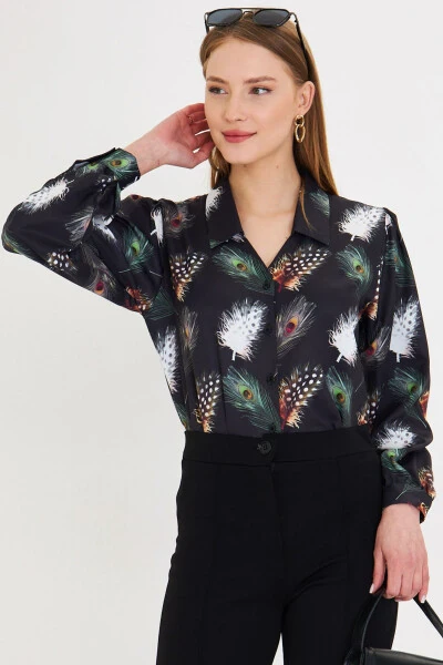 Women's Black and White V-Neck Balloon Sleeve Patterned Shirt - 3