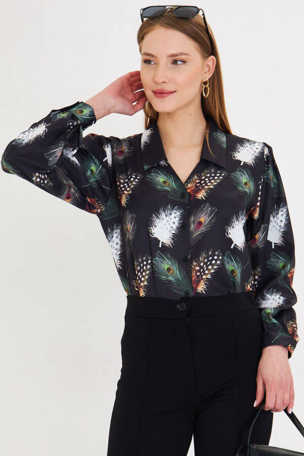 Women's Black and White V-Neck Balloon Sleeve Patterned Shirt - 3