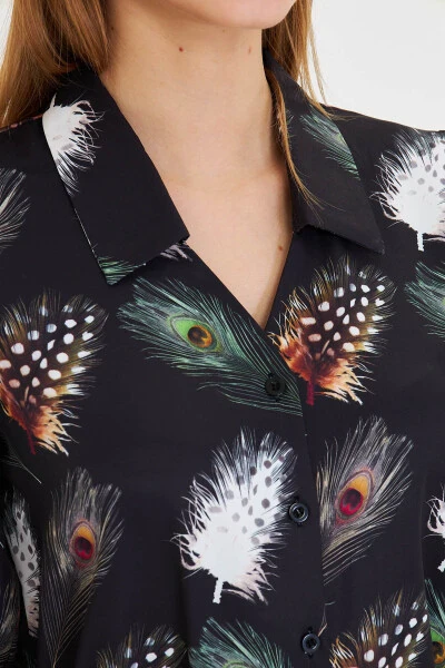 Women's Black and White V-Neck Balloon Sleeve Patterned Shirt - 4