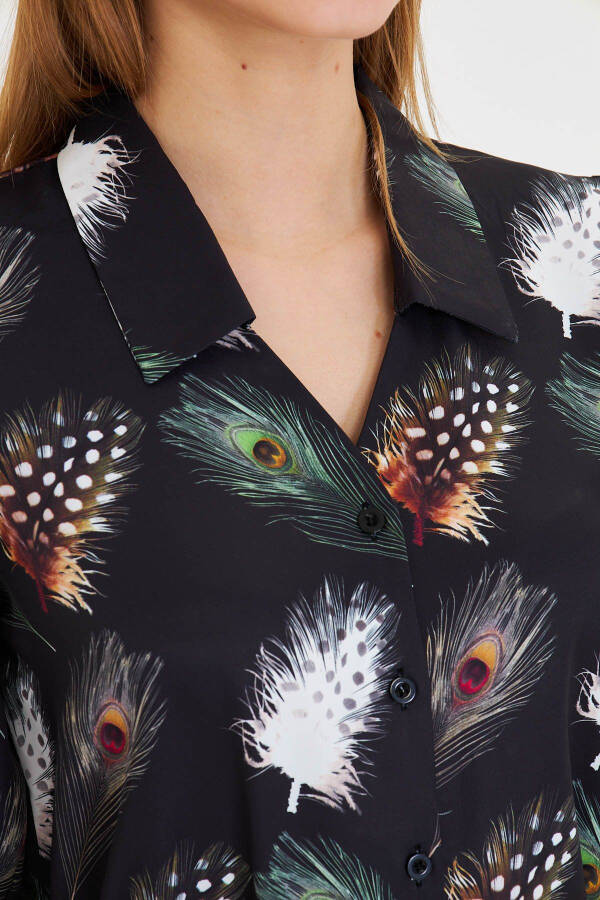 Women's Black and White V-Neck Balloon Sleeve Patterned Shirt - 4