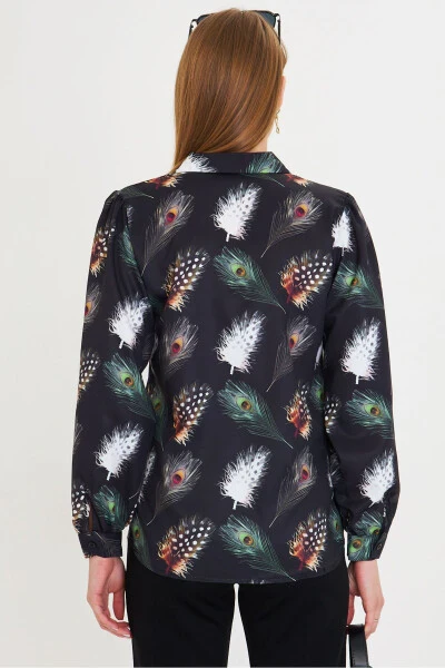 Women's Black and White V-Neck Balloon Sleeve Patterned Shirt - 5