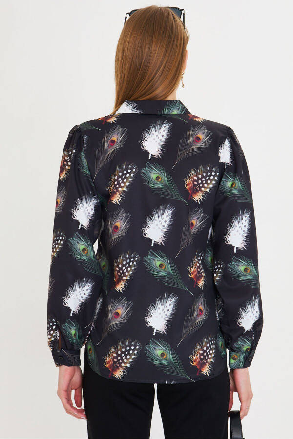 Women's Black and White V-Neck Balloon Sleeve Patterned Shirt - 5