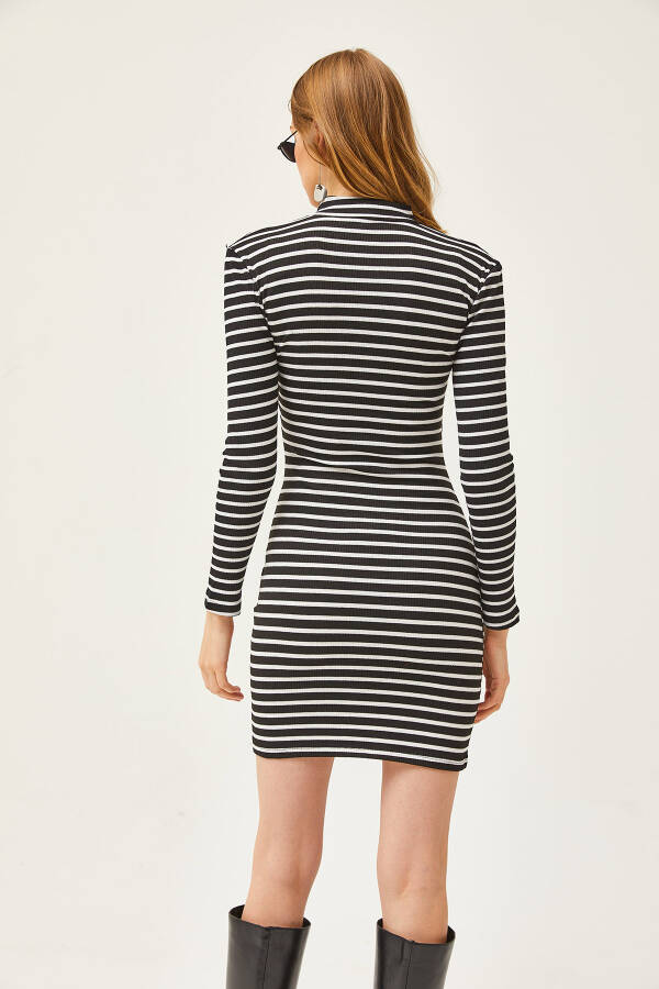 Women's Black and White Zippered Striped Mini Knit Dress ELB-19002037 - 6