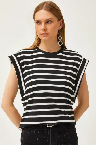 Women's Black Armhole Detailed Striped Lycra T-shirt 