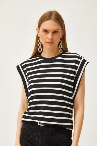 Women's Black Armhole Detailed Striped Lycra T-shirt - OLALOOK (1)