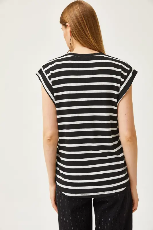 Women's Black Armhole Detailed Striped Lycra T-shirt - 7