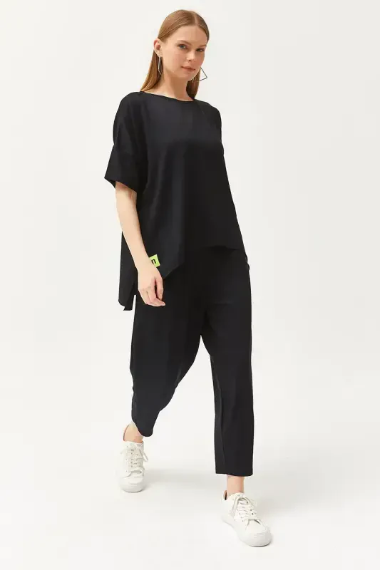 Women's Black Asymmetric Blouse Soft Textured Bottom Top - OLALOOK