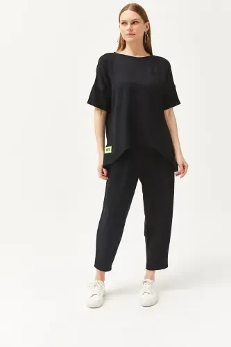 Women's Black Asymmetric Blouse Soft Textured Bottom Top - OLALOOK (1)