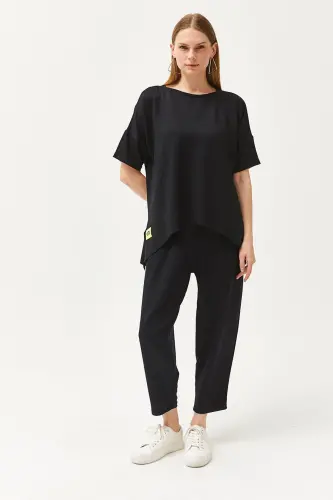 Women's Black Asymmetric Blouse Soft Textured Bottom Top - 3