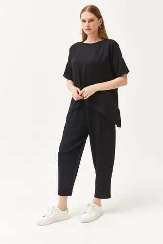 Women's Black Asymmetric Blouse Soft Textured Bottom Top - 4
