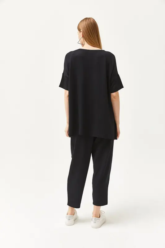 Women's Black Asymmetric Blouse Soft Textured Bottom Top - 6