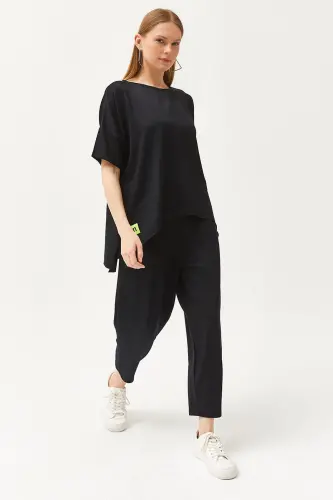 Women's Black Asymmetric Blouse Soft Textured Bottom Top 