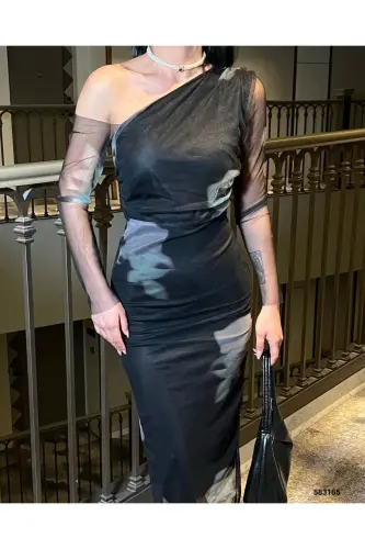 Women's Black Asymmetric Collar One Shoulder Tulle Detailed Patterned Midi Dress-Black White - 1