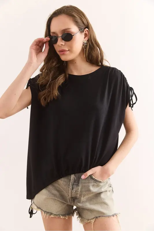 Women's Black Asymmetric Ruched Detail Draped Knit V-Neck - 4