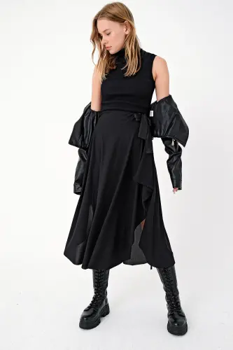 Women's Black Asymmetrical Cut Belt Tie Slit Skirt 