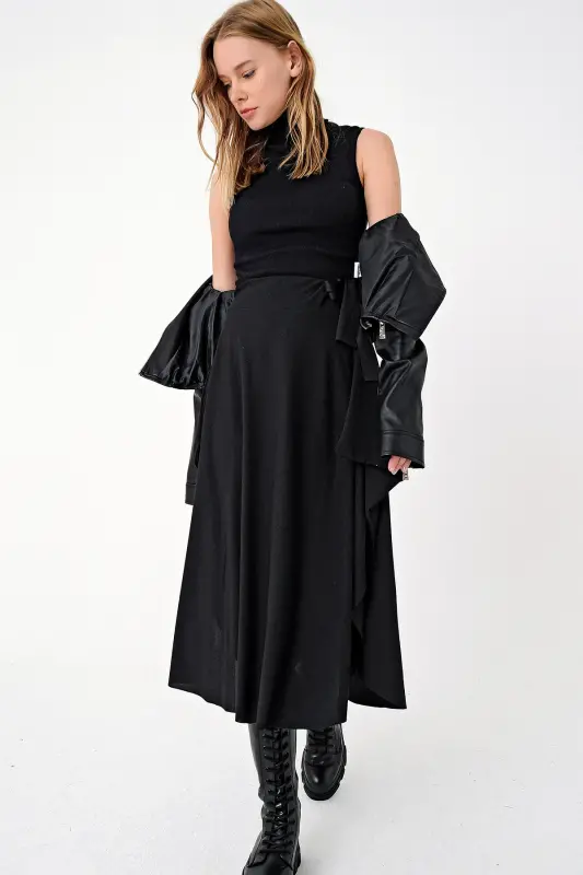 Women's Black Asymmetrical Cut Belt Tie Slit Skirt - 2