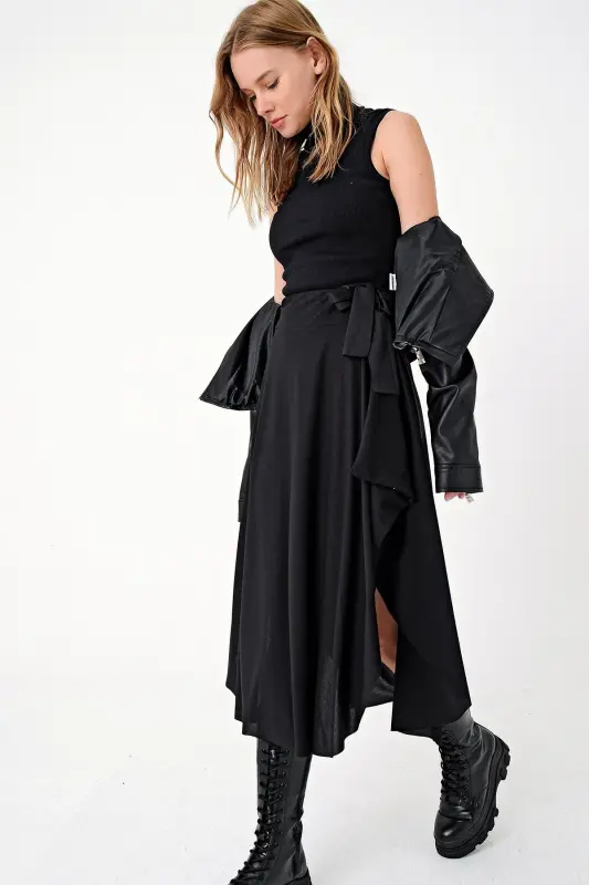 Women's Black Asymmetrical Cut Belt Tie Slit Skirt - 3
