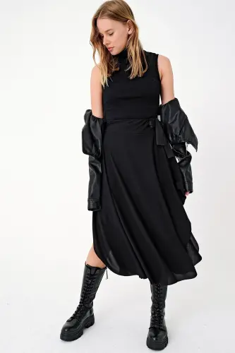Women's Black Asymmetrical Cut Belt Tie Slit Skirt - 5