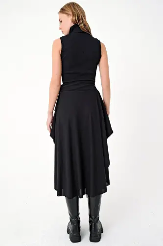 Women's Black Asymmetrical Cut Belt Tie Slit Skirt - 6