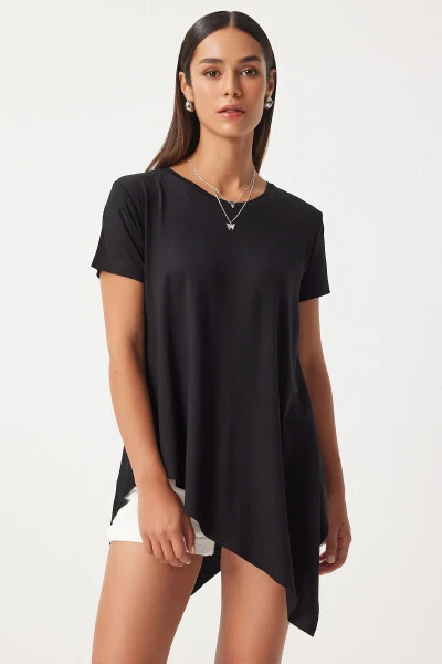 Women's Black Asymmetrical Viscose Knitted T-shirt EN00599 - HAPPINESS İSTANBUL