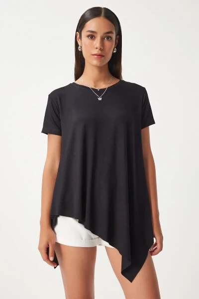 Women's Black Asymmetrical Viscose Knitted T-shirt EN00599 - HAPPINESS İSTANBUL (1)