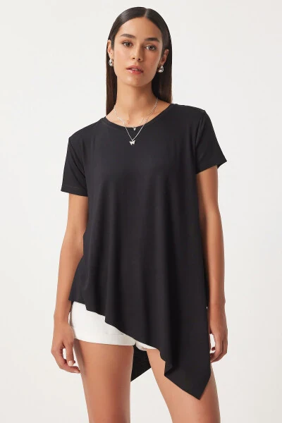Women's Black Asymmetrical Viscose Knitted T-shirt EN00599 - 3