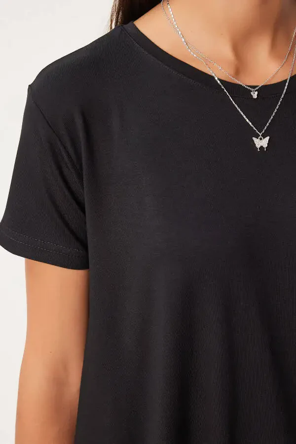 Women's Black Asymmetrical Viscose Knitted T-shirt EN00599 - 4