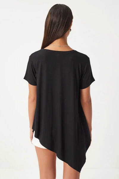 Women's Black Asymmetrical Viscose Knitted T-shirt EN00599 - 5