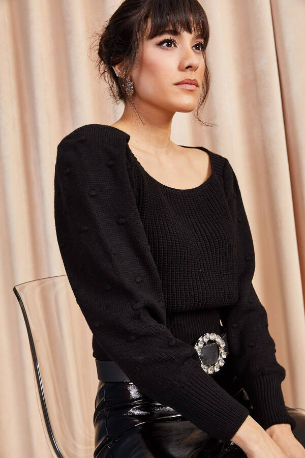 Women's Black Back Tie-Up Sleeve Pompom Knitted Sweater KZK-19000212 - 3