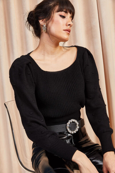 Women's Black Back Tie-Up Sleeve Pompom Knitted Sweater KZK-19000212 - 4