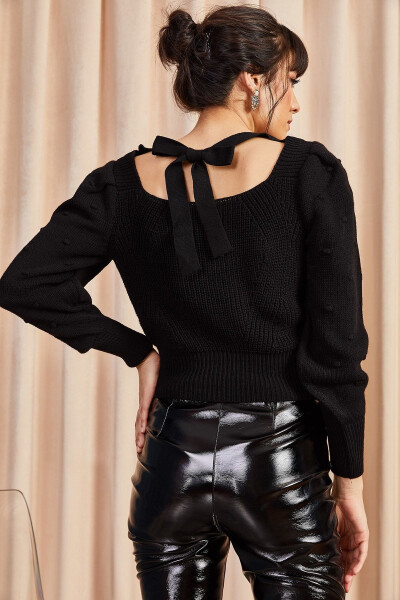Women's Black Back Tie-Up Sleeve Pompom Knitted Sweater KZK-19000212 - 5