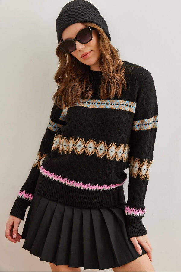 Women's Black Baklava Pattern Cable Knit Sweater KZK-19000907 - 1