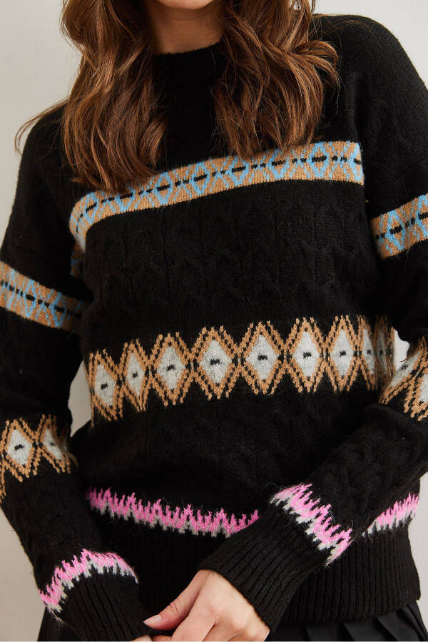 Women's Black Baklava Pattern Cable Knit Sweater KZK-19000907 - 5
