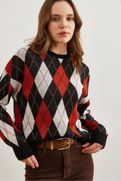 Women's Black Baklava Patterned Crop Knitted Sweater KZK-19000910 - OLALOOK (1)