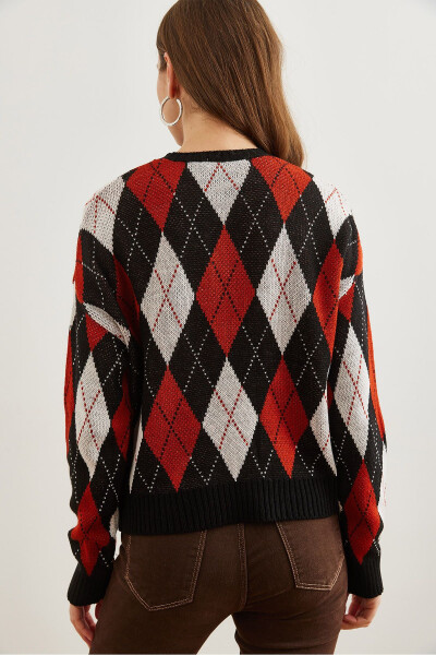 Women's Black Baklava Patterned Crop Knitted Sweater KZK-19000910 - 6