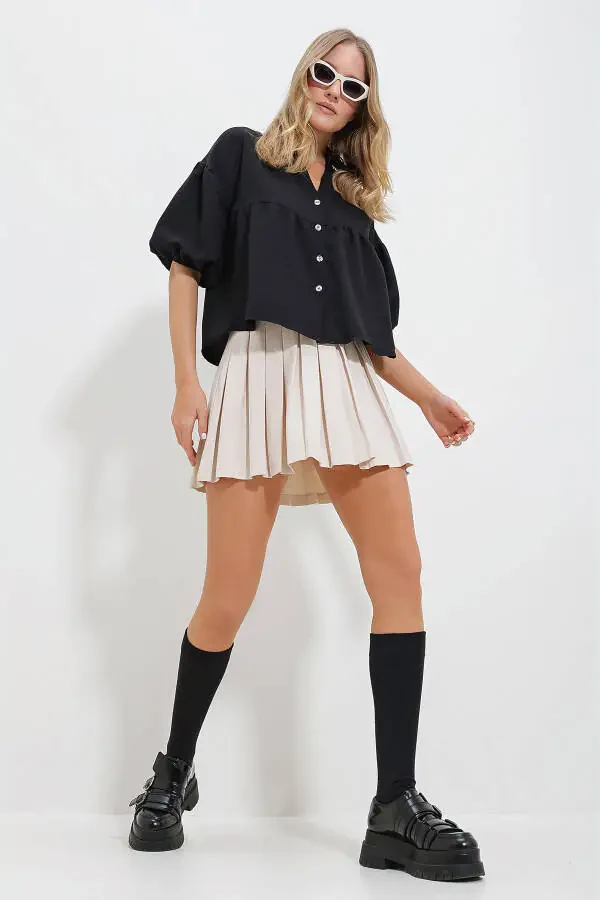 Women's Black Balloon Sleeve Dress Ruffled Kubra Cotton Crop Shirt ALC-X11624 - 1