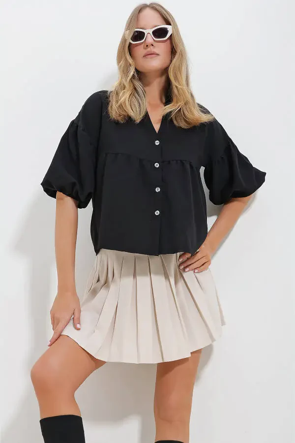 Women's Black Balloon Sleeve Dress Ruffled Kubra Cotton Crop Shirt ALC-X11624 - 2