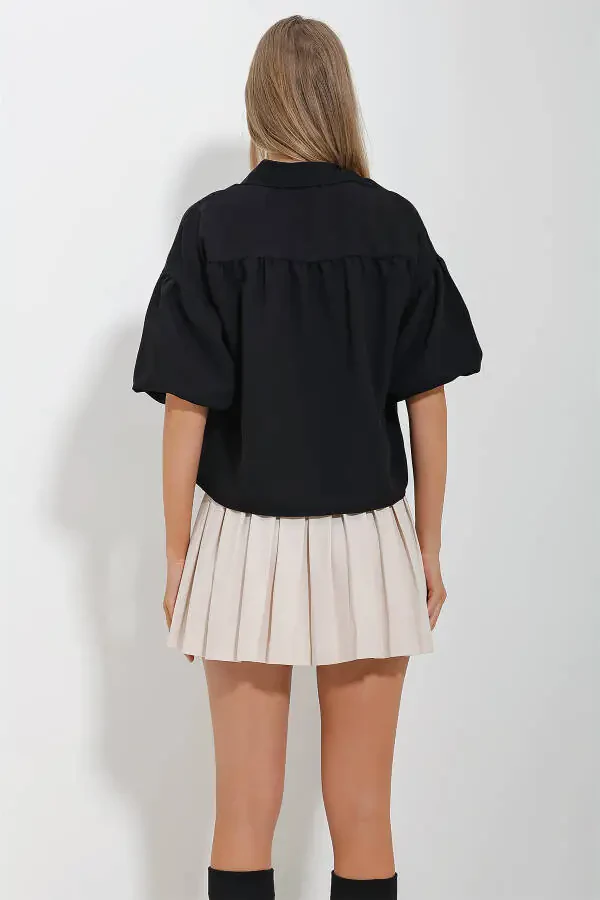 Women's Black Balloon Sleeve Dress Ruffled Kubra Cotton Crop Shirt ALC-X11624 - 5