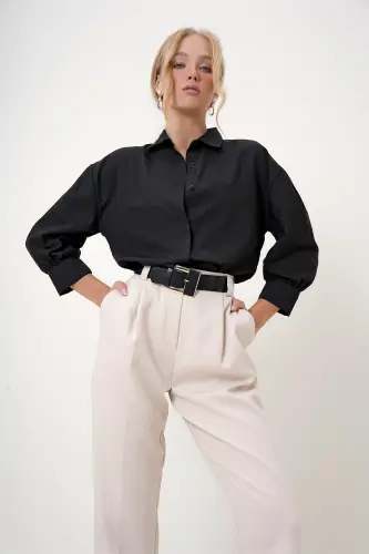 Women's Black Balloon Sleeve Hidden Button Basic Poplin Shirt ALC-X9654 