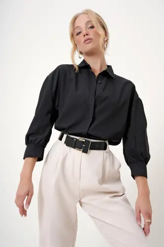 Women's Black Balloon Sleeve Hidden Button Basic Poplin Shirt ALC-X9654 - 2