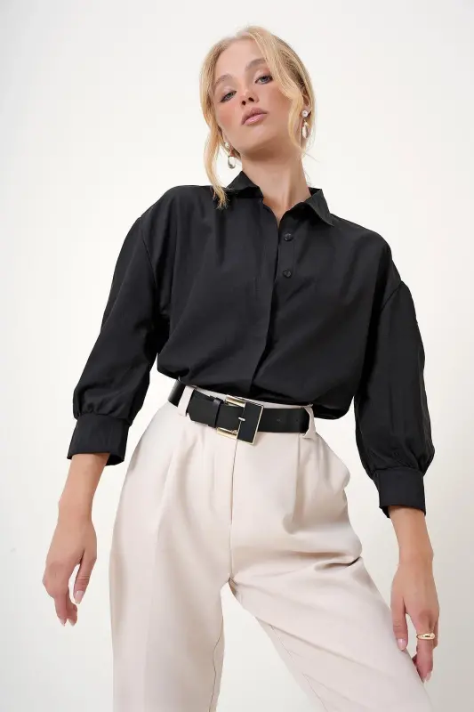 Women's Black Balloon Sleeve Hidden Button Basic Poplin Shirt ALC-X9654 - 2