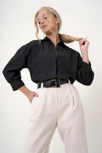 Women's Black Balloon Sleeve Hidden Button Basic Poplin Shirt ALC-X9654 - 3