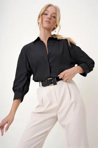 Women's Black Balloon Sleeve Hidden Button Basic Poplin Shirt ALC-X9654 - 4