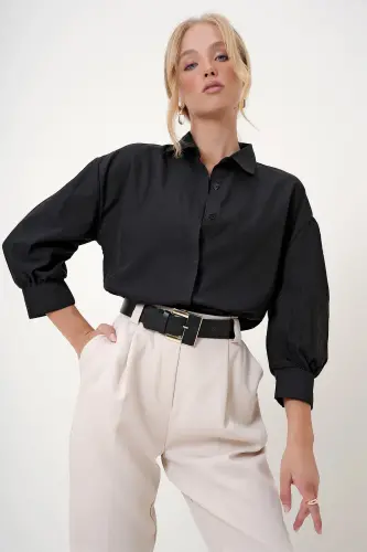 Women's Black Balloon Sleeve Hidden Button Basic Poplin Shirt ALC-X9654 - 6