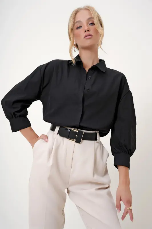 Women's Black Balloon Sleeve Hidden Button Basic Poplin Shirt ALC-X9654 - 6