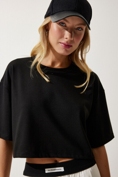 Women's Black Basic Crop Knit T-Shirt RG00008 - 7