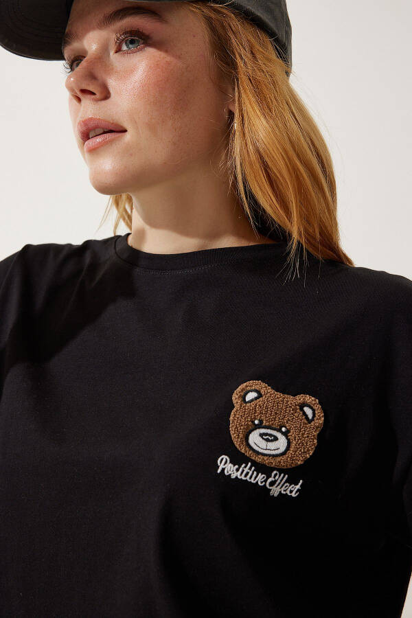 Women's Black Bear Logo Cropped Knit T-Shirt HF00456 - 4