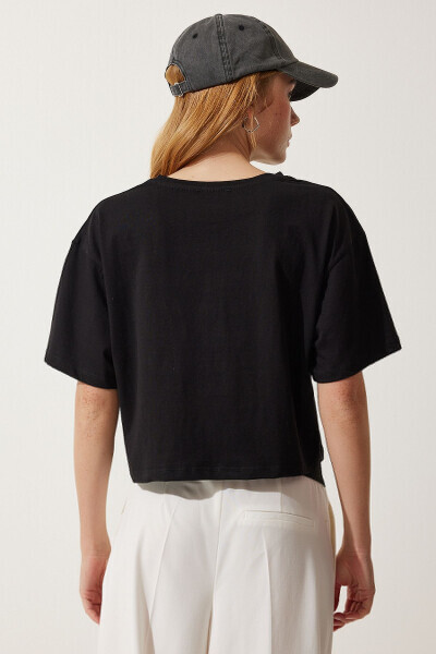 Women's Black Bear Logo Cropped Knit T-Shirt HF00456 - 6