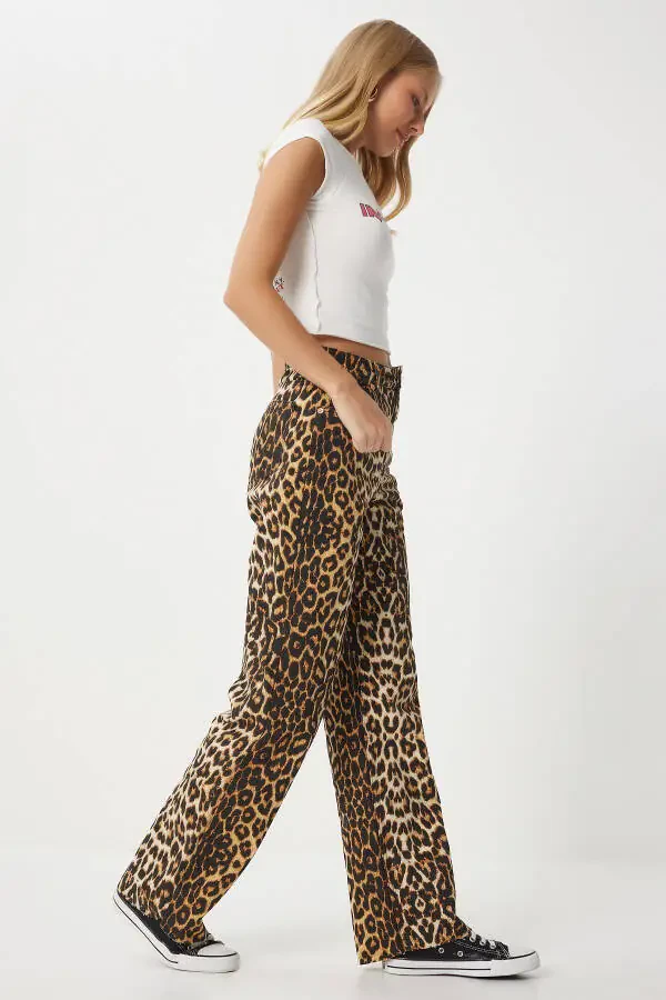 Women's Black Beige Leopard Print Straight Jeans RH00029 - 2