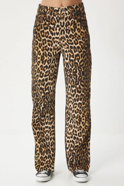 Women's Black Beige Leopard Print Straight Jeans RH00029 - 3